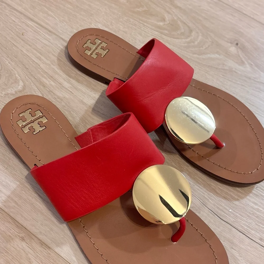 Tory Burch Red Slides with Gold Disc - Picture 1 of 6